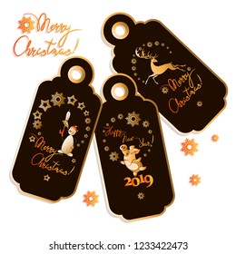 Cute characters on a festive label. Merry Christmas! Happy New Year! Bright inscription. Lettering. Set of Christmas labels with greeting.