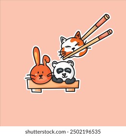 cute characters of panda, rabbit, and cat become sushi pickup with chopstick 