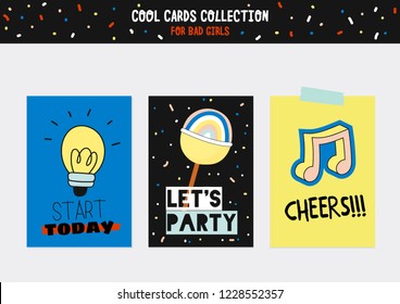 Cute characters for patches and stickers - creative set including trendy quotes and cool stylized elements. Cartoon style illustration in vector.