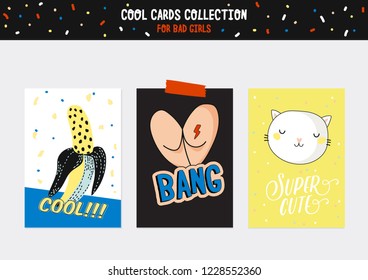 Cute characters for patches and stickers - creative set including trendy quotes and cool stylized elements. Cartoon style illustration in vector.