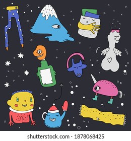 Cute characters for patches and stickers - creative set . Cartoon style illustration set made in vector.