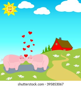 cute characters pigs in love on farm