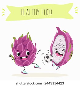 Cute characters pitaya, dragon fruit, pitahaya with different activities. Flat vector illustration, funny fruits. Smiling mascot for kids menu decoration.
