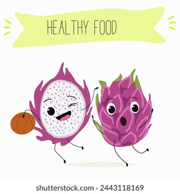 Cute characters pitaya, dragon fruit, pitahaya with different activities. Flat vector illustration, funny fruits. Smiling mascot for kids menu decoration.