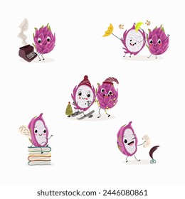 Cute characters pitaya, dragon fruit, pitahaya, funny fruit set, collection. Flat vector illustration. Characters for children's library, poet, writer, typewriter, new year ski, Christmas tree.