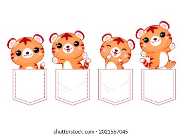 Cute characters in pocket set. Baby collection of kawaii tigers in pockets. Childish print with funny little tiger cub for t-shirt. T-shirt design. Vector illustration EPS 8 