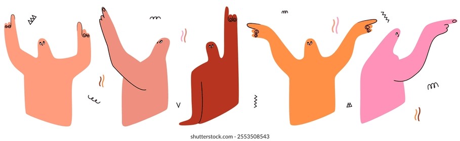 Cute characters point their fingers upward, sideways, right, left. Vector illustration on white isolated background