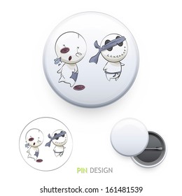 Cute characters printed on pin. Vector design. 