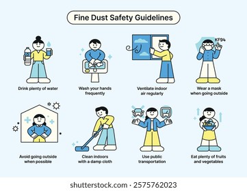 Cute characters are providing health guidance on days with high levels of fine dust. Manual, guide, and instruction poster concept.