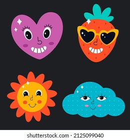 Personajes cortos de estilo psicodélico. Hippie, vintage, retro, estilo de los años 90. Ilustración del vector