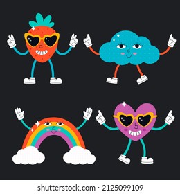 Personajes cortos de estilo psicodélico. Hippie, vintage, retro, estilo de los años 90. Ilustración del vector