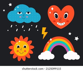 Personajes cortos de estilo psicodélico. Hippie, vintage, retro, estilo de los años 90. Ilustración del vector