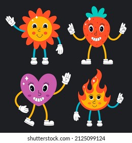 Personajes cortos de estilo psicodélico. Hippie, vintage, retro, estilo de los años 90. Ilustración del vector