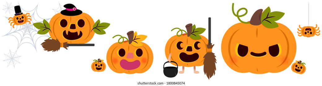 Cute characters pumpkin set, on white  isolated background. Vector set of cute Characters halloween, halloween elements, illustration. 