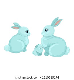 Cute characters rabbits pets sit sideways. The child, mom and dad, smile and look at each other. Vector illustration, isolated objects.