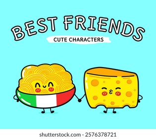 Cute characters representing friendship with macaroni and cheese holding hands on a bright blue background