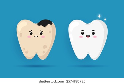 Cute characters sad yellow tooth and happy healthy tooth isolated on blue background. Teeth before and after dental cleaning. Dental care, treatment and oral hygiene concept. Vector flat illustration