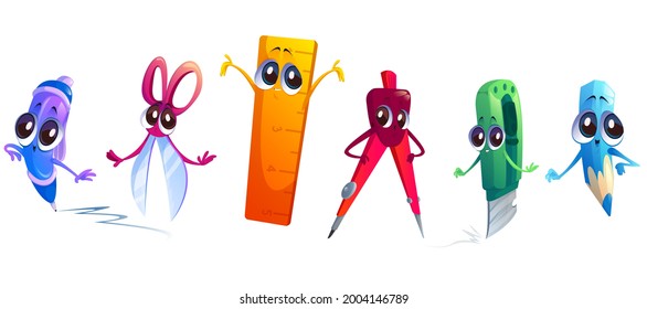 Cute characters of school stationery isolated on white background. Vector cartoon set of funny education supplies for children, pen, pencil, paper cut knife, compass, scissors and ruler