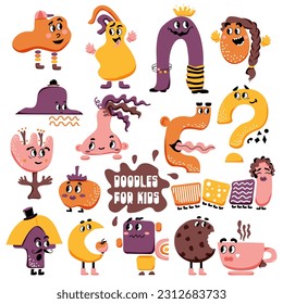 Cute characters set. Baby print. Vector illustration. Doodles for kids. Perfect for printing on the fabric, design package and cover