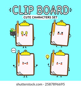 Cute characters set with Clipboards showcasing different emotions and actions on a light blue background