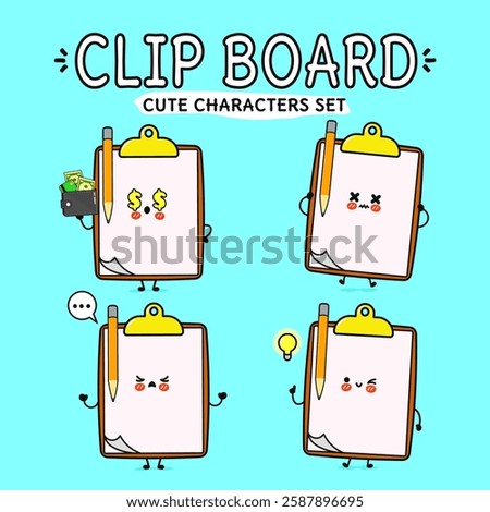 Cute characters set with Clipboards showcasing different emotions and actions on a light blue background