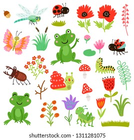 Cute Characters Set. Vector Collection. Frogs And Insects