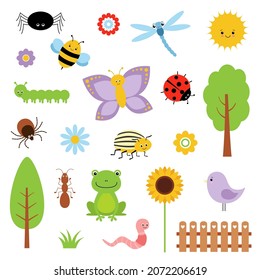 Cute characters set. Vector collection. Frogs and insects