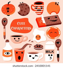 Cute characters set. Yummy food. Milk, cookies, cup, mug, chocolate. Baby print. Vector illustration. Doodles for kids. Perfect for printing on the fabric, design package and cover