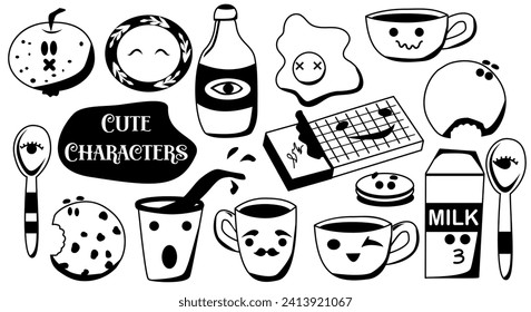 Cute characters set. Yummy food. Milk, cookies, cup, mug, chocolate. Baby print. Vector bw illustration. Doodles for kids. Perfect for printing on the fabric, design package and cover