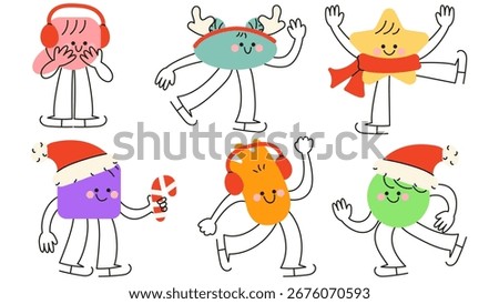 Cute characters shape set with funny expression in winter holiday theme, Christmas skating illustration. Cartoon isolated vector illustration.