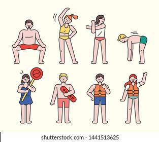 Cute characters are showing safety rules before swimming. flat design style minimal vector illustration.