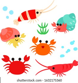 Cute characters of shrimps, crabs and hermit crabs