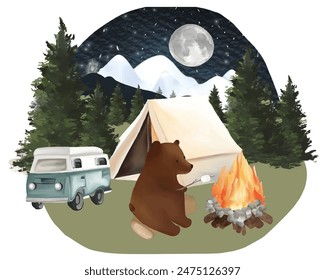 cute characters sitting beside campfire toasting marshmallow in nature on beautiful night sky with moon and stars.