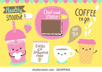 Cute Characters - Smoothie, Tea Mug, Coffee Cup. Adorable Flyer Design. Funny Food And Drink Illustration