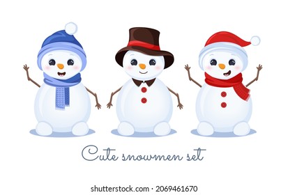 Cute characters snowmen set in red hat and scarf, blue hat and scarf, brown hat on white background. Merry Christmas.
