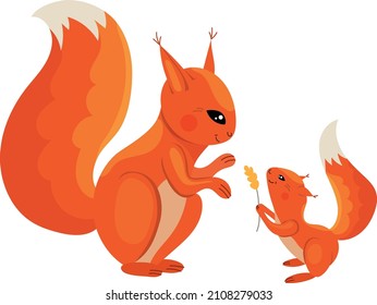 Cute characters squirrels. Funny animals in forest. Object isolated on white background.