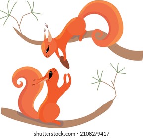 Cute characters squirrels. Funny animals in forest. Object isolated on white background.