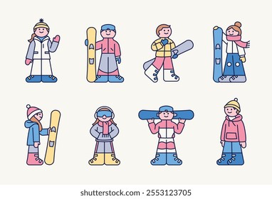 Personajes lindos de pie con trajes de esquí y sosteniendo tablas de snowboard. Personaje de corte con contorno.