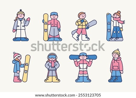 Cute characters stand wearing ski suits and holding snowboards. Cuttiny character with outline.