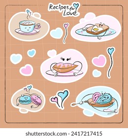 Cute characters stickers set of bread, macaron, donuts, spaghetti, coffee cup for Valentine's day. Best for postcard, stickers and more designs. Vector flat style illustration.