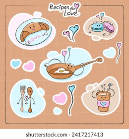 Cute characters stickers set of croissant, macaron, frying pan, coffee cup and more for Valentine's day. Best for postcard, stickers and more designs. Vector flat style illustration.