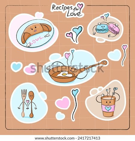 Cute characters stickers set of croissant, macaron, frying pan, coffee cup and more for Valentine's day. Best for postcard, stickers and more designs. Vector flat style illustration.