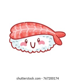 Cute characters: Sushi, Sashimi and Rolls with eyes and smile. Sushi with shrimp. Set of hand drawn japanese food illustrations art in cartoon, doodle style