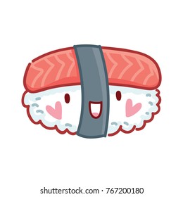 Cute characters: Sushi, Sashimi and Rolls with eyes and smile. Sushi with salmon. Set of hand drawn japanese food illustrations art in cartoon, doodle style