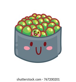 Cute characters: Sushi, Sashimi and Rolls with eyes and smile. Roll with colorful flying fish roe. Set of hand drawn japanese food illustrations art in cartoon, doodle style