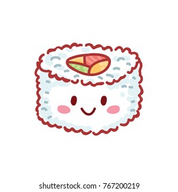 Cute characters: Sushi, Sashimi and Rolls with eyes and smile. Roll with vegetables and salmon. Set of hand drawn japanese food illustrations art in cartoon, doodle style