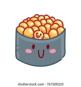 Cute characters: Sushi, Sashimi and Rolls with eyes and smile. Roll with colorful flying fish roe. Set of hand drawn japanese food illustrations art in cartoon, doodle style