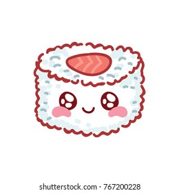 Cute characters: Sushi, Sashimi and Rolls with eyes and smile. Roll with salmon. Set of hand drawn japanese food illustrations art in cartoon, doodle style