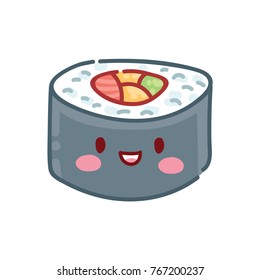 Cute characters: Sushi, Sashimi and Rolls with eyes and smile. Roll with vegetables and salmon. Set of hand drawn japanese food illustrations art in cartoon, doodle style