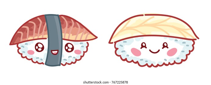 Cute characters: Sushi, Sashimi and Rolls with eyes and smile. Sushi with  fish and eel, unagi. Set of hand drawn japanese food illustrations art in cartoon, doodle style